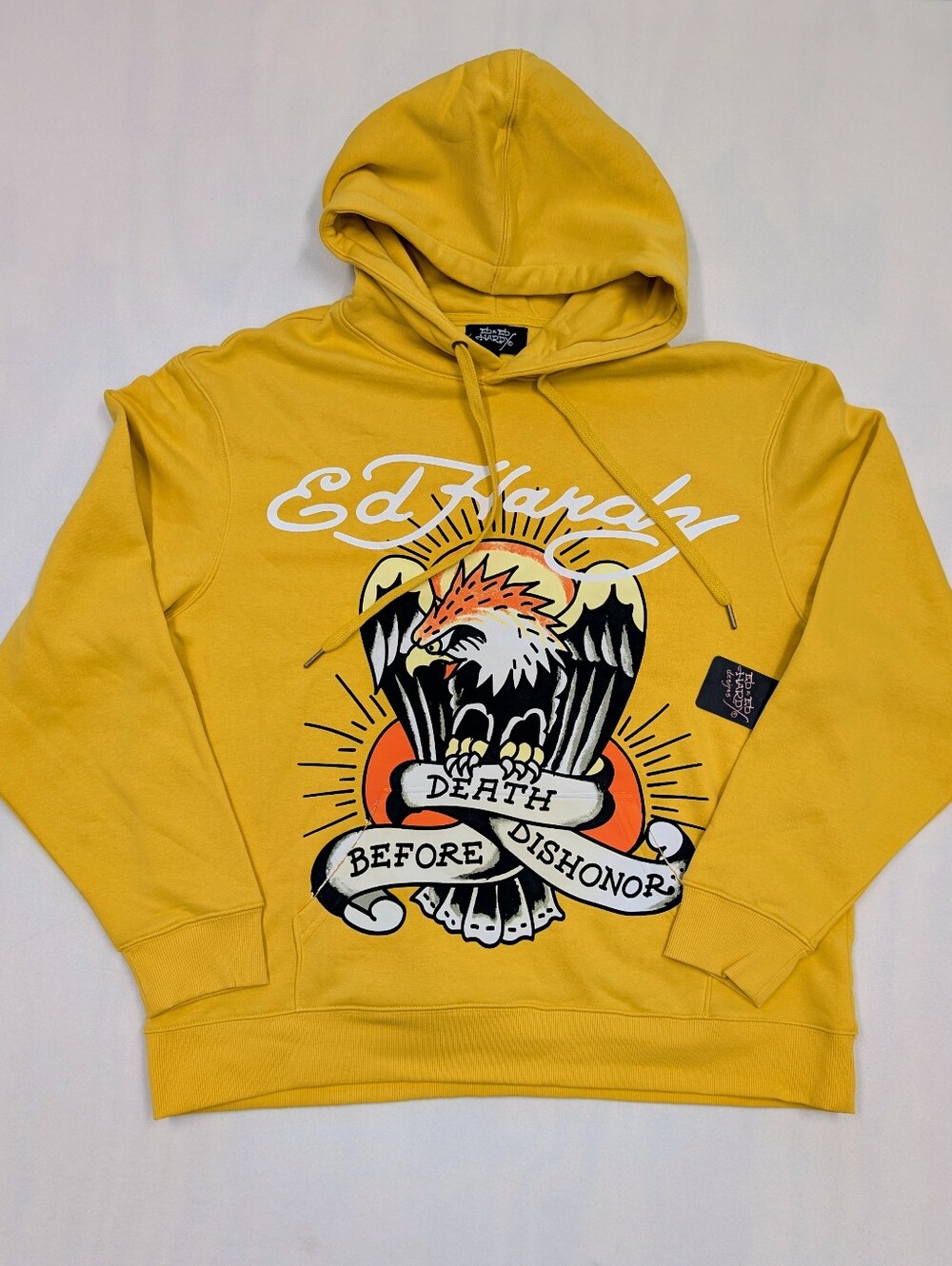 Ed Hardy Yellow Pullover Hoodie with Eagle Graphic